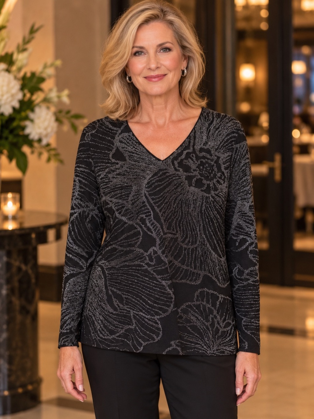 Chico's Black V-Neck Long Sleeve Top with Silver Floral Detail